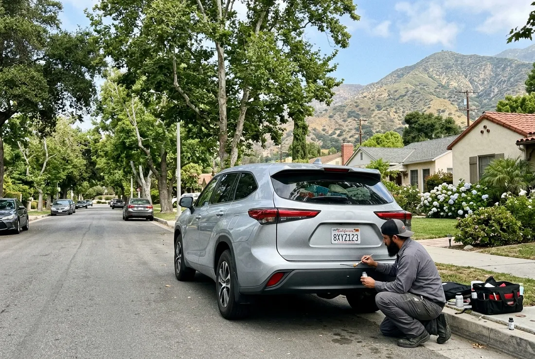 Car scratch being repaired on a tree lined street in Glendora CA