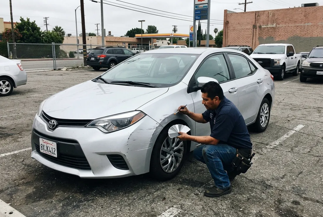 Technician color matching paint on a car in Pomona CA