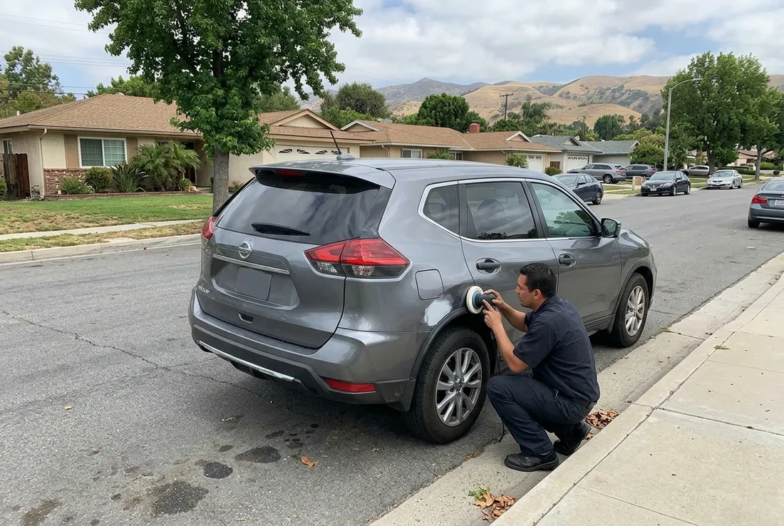 Car getting a scratch repaired on a street in San Dimas CA