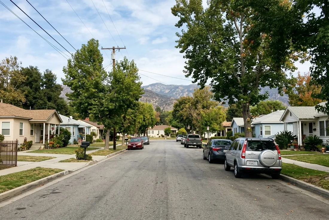 Tree lined residential street in La Verne California