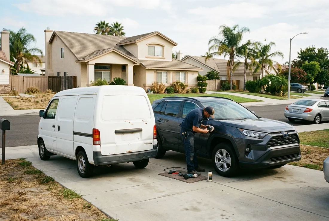 Mobile scratch repair technician working on a car in a driveway in La Verne CA