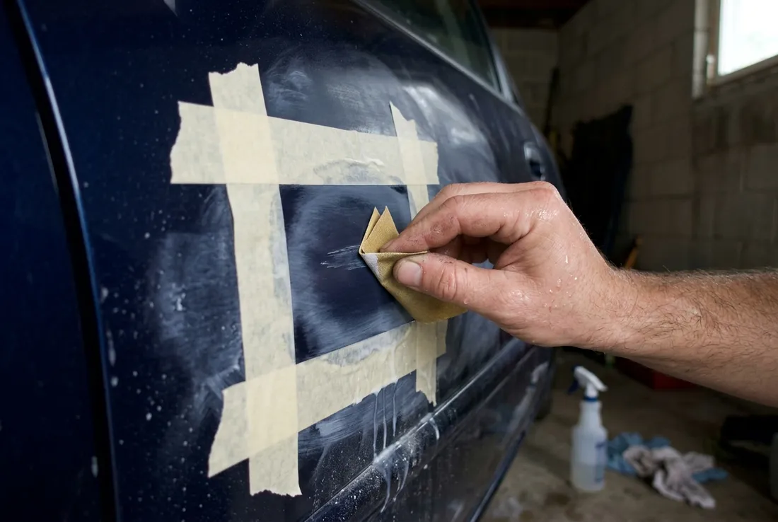 Technician sanding and color matching a scratch on a car door in La Verne CA
