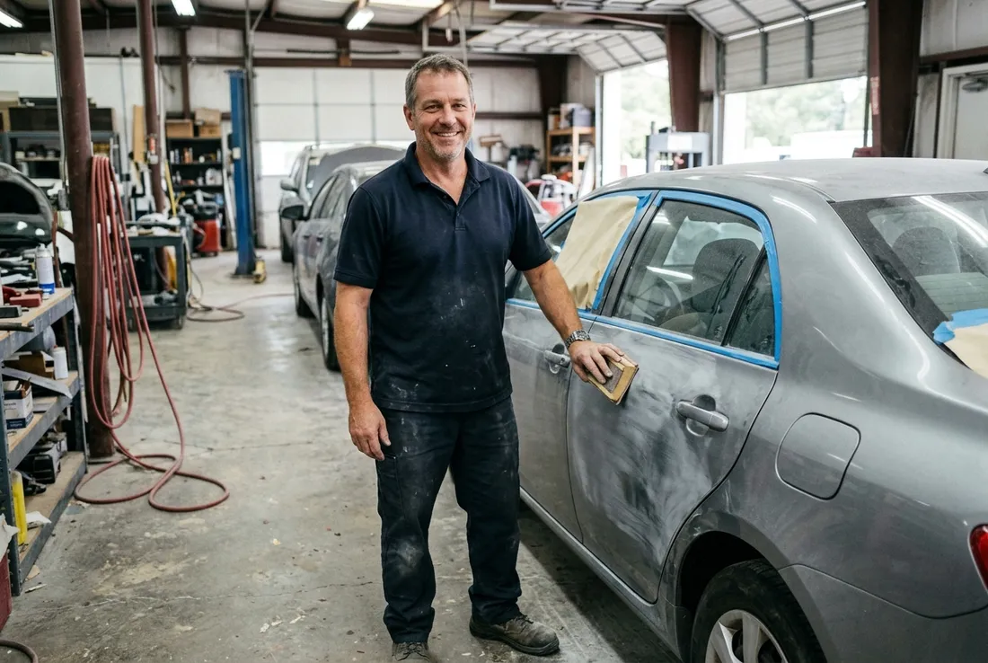 Auto paint technician sanding a car panel in La Verne CA